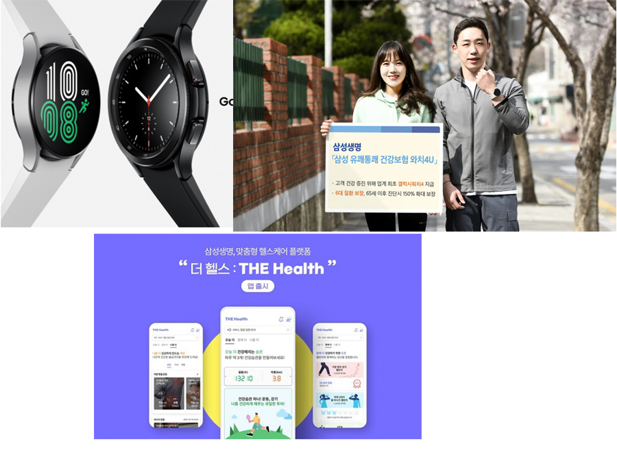 (위에서 부터)삼성전자 갤럭시 4 스마트워치, ‘삼성 유쾌통쾌 건강보험(무배당) 와치 4U',  헬스케어 플랫폼 ‘더 헬스’. 사진=삼성생명 제공