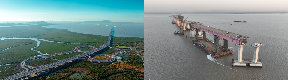 (왼쪽) 대우건설이 준공한 인도 뭄바이 해상교량 전경,(오른쪽) 뭄바이 교량현장 최대 난코스 180m 강교(Steel Bridge, 약 2,300톤) 설치 모습.사진=대우건설