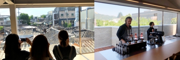 (왼)2층 큰 통창으로 볼 수 있는 한옥기와 풍경. (오) 큰 통창으로 북한산과 경복궁을 볼 수 있다. 사이폰커피 기구를 사용하는 마이클 필립스.