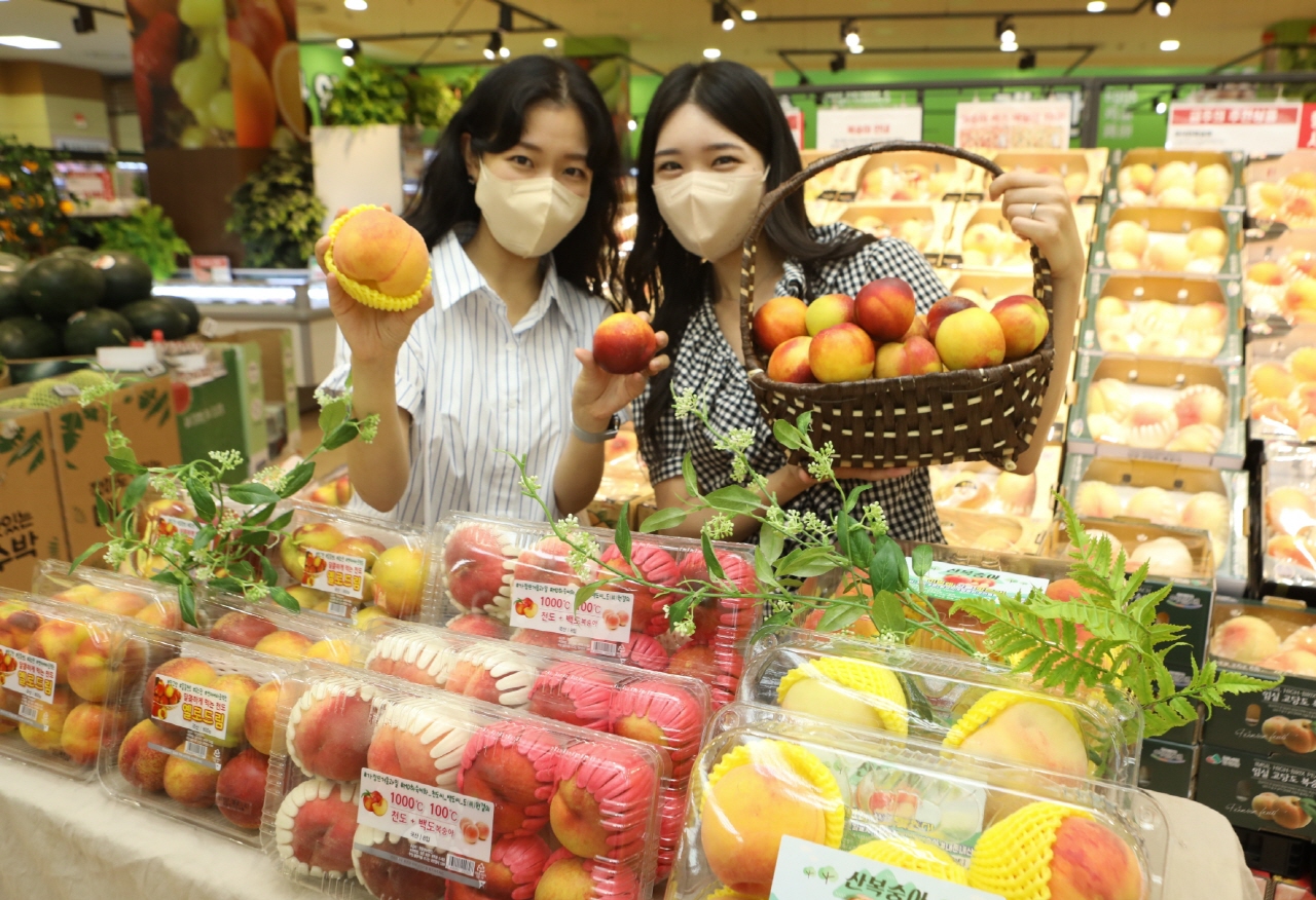 18일, 서울시 중구 봉래동에 위치한 롯데마트 서울역점에서 다양한 이색 복숭아를 홍보하고 있는 모습. 사진= 롯데마트